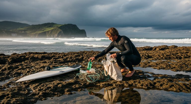 surf sostenible recogiendo basura